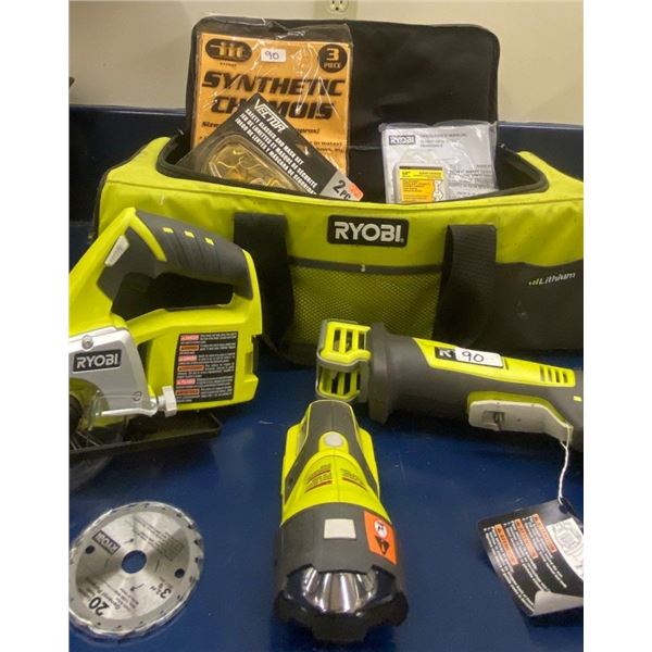 Ryobi Duffle Containing 3 Cordless Power Tools Mini Skill Saw Flash light & More