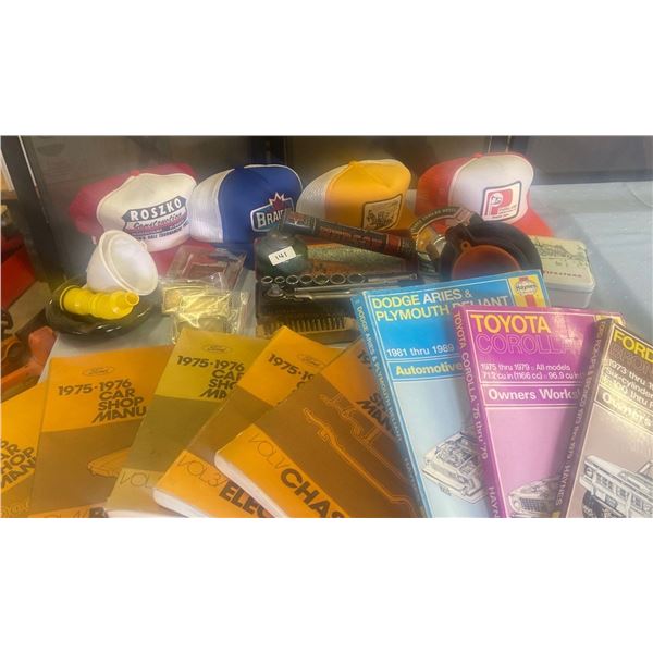 Assortment of Vintage Automobile Manuels Antiques Trucker Hats & More