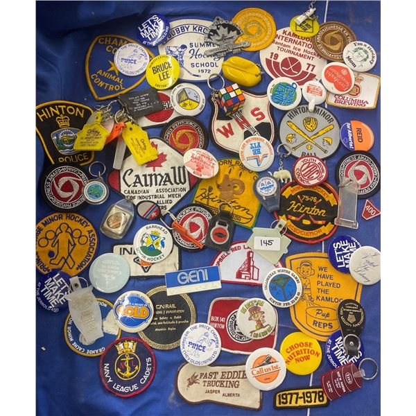 Assorted Pins Buttons Badges & Patches Vintage