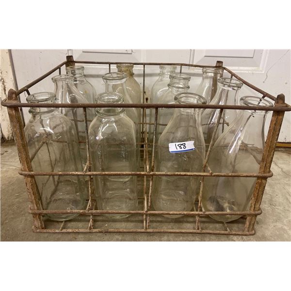Antique Crate Of Glass Milk Bottles