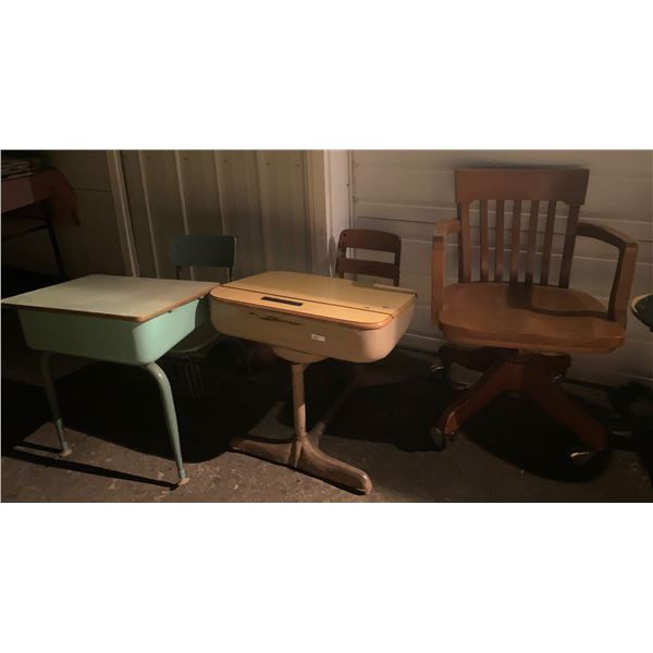 Pair of Vintage School Desks w/ Oak Office Chair (Extremely Heavy)