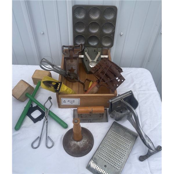 Antique Kitchenwares Grater Muffin Pan Meat Mallet & More