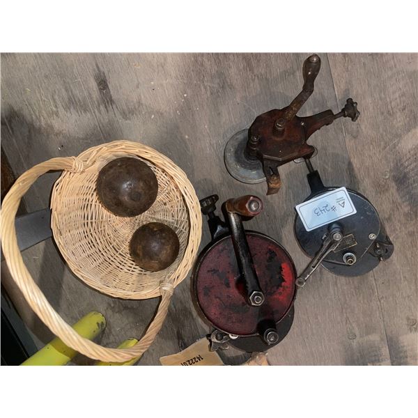 Antique Hand Crank w/ Decorative Basket & More