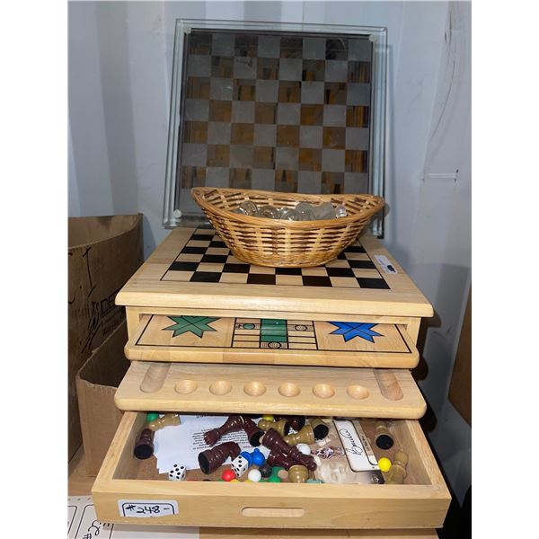 Wood Multi Game Box w/ Ceramic Chess Set & More