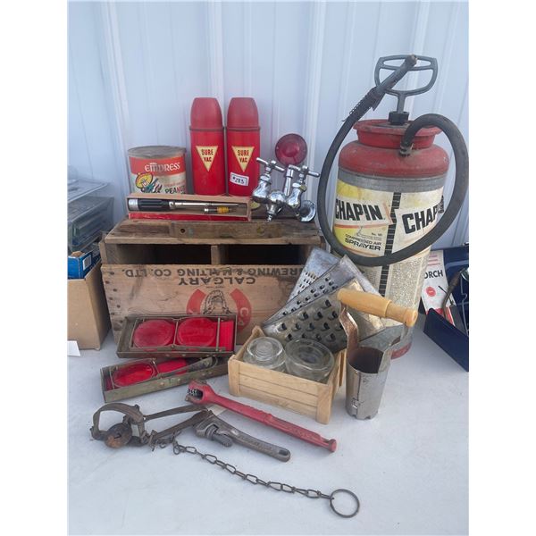 Antique Milk Crate Thermus' Insulators Faucet Coyote Trap & More