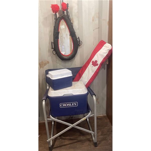 Decorative Antique Farming Equipment Mirror w/ Folding Lawn Chairs & More