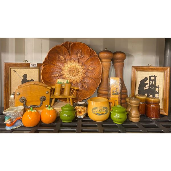 Assorted Earth Toned Kitchen Collectables Wood Chip Bowl Salt & Pepper Shakers & More