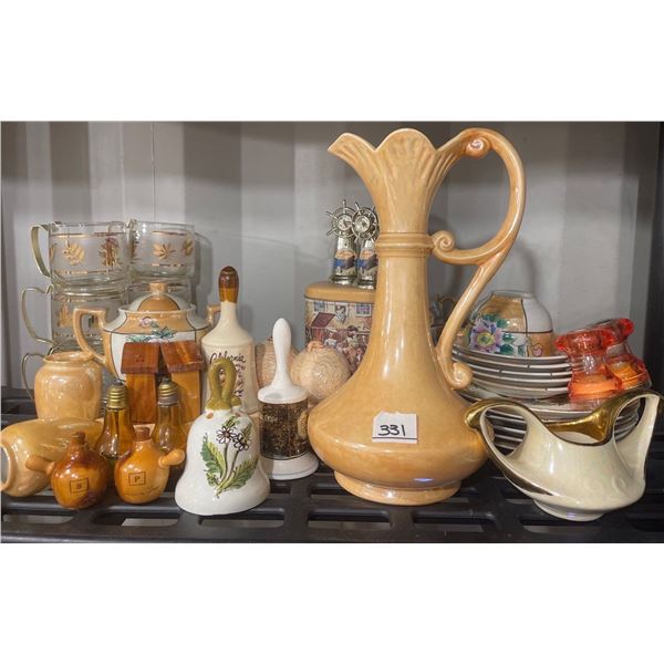 Vintage Lusterware Art Deco Ceramic Jug w/ Sugar Dish Delicate Gold Accented Tea Cups Seasoning Shak