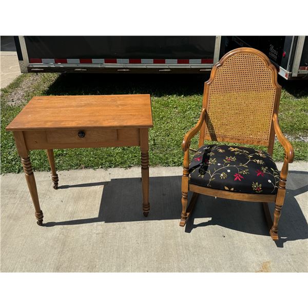 UPHOLSTERED CANE BACK ROCKING CHAIR AND SMALL LIBRARY TABLE