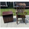 Image 1 : VINTAGE GOLD FRUIT STENCILED ROCKING CHAIR AND SMALL CABINET