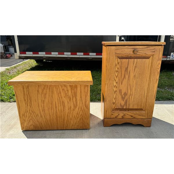 OAK DISPLAY STAND AND TIP DOWN TRASH CABINET