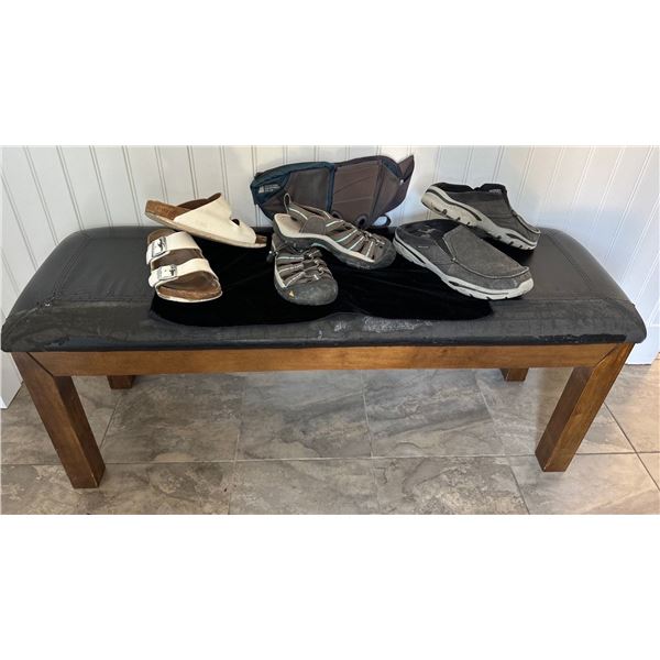 MEC Satchel w/ Well Loved Black Bench 66x15x33 w/ Assorted Men's & Woman's Footwear