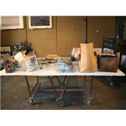 ICE CREAM MAKER, BIRD HOUSES AND MISC. ON TABLE