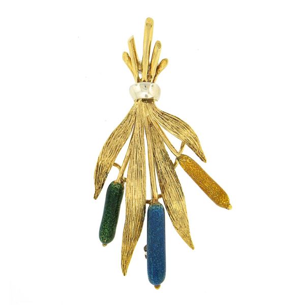 Estate 18K Gold Yellow Blue Green Enamel Textured Wheat Flower Bundle Brooch Pin