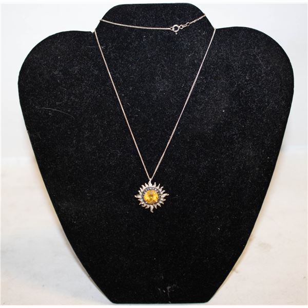 CITRINE STYLE SILVER SUN PENDANT NECKLACE 19"