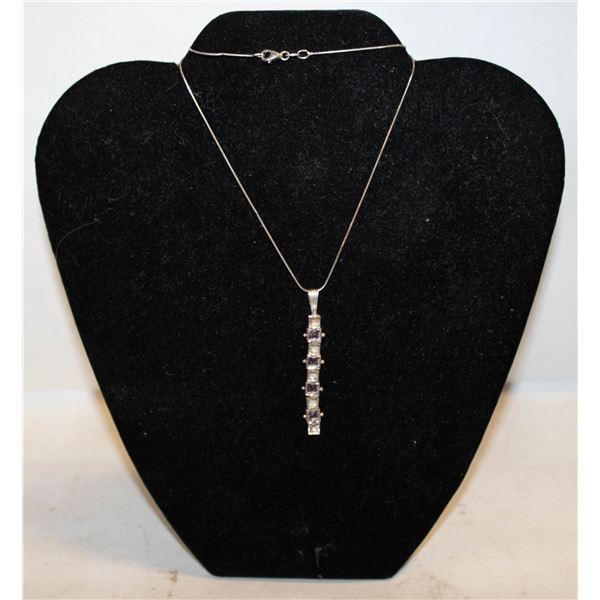 PURPLE ZIRCONIUM SILVER PENDANT NECKLACE 18"