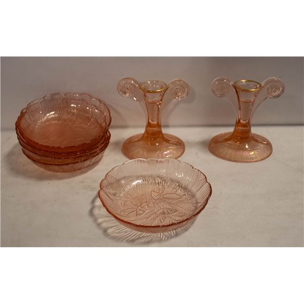 VINTAGE PINK DERESSION GLASS & 2 ETCHED CANDLE