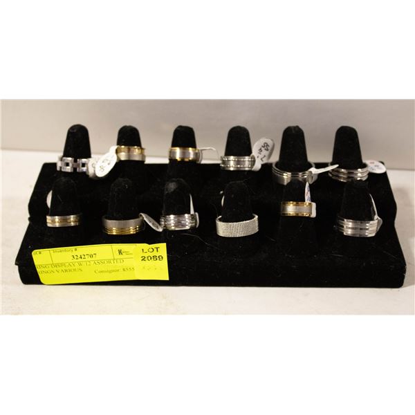 RING DISPLAY W/12 ASSORTED RINGS VARIOUS