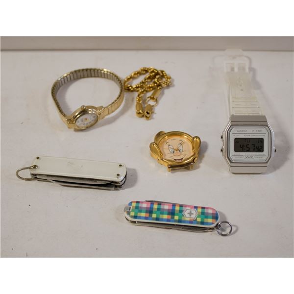 SMALL BAG MISC WATCHES, POCKET KNIVES, CHAIN