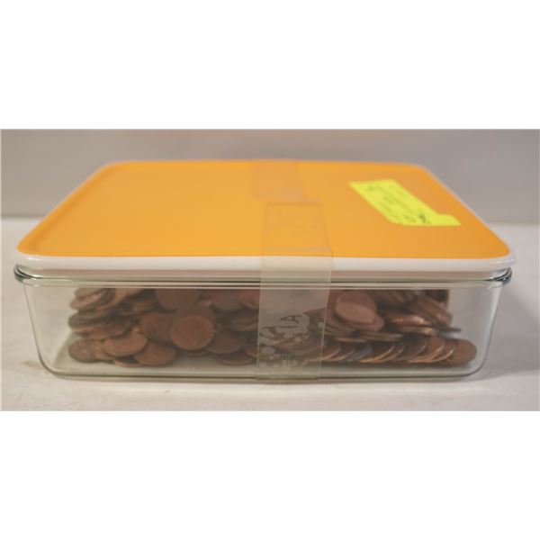 PLASTIC CONTAINER FILLED WITH PENNIES