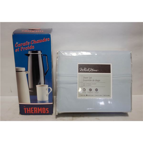 NEW DOUBLE COTTON SHEET SET AND THERMOS