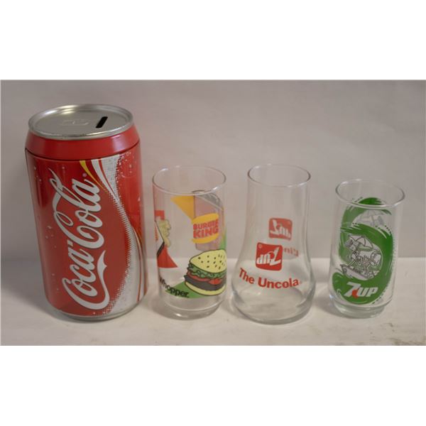 3 VINTAGE 1980S COCA-COLA GLASSES & COINBANK