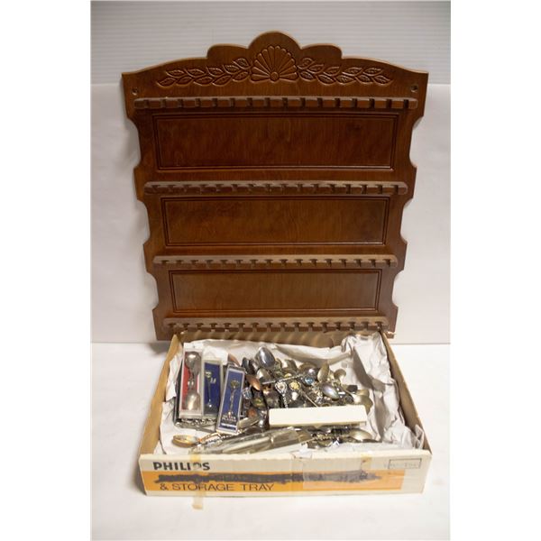 WOOD SPOON RACK W/ 87 COLLECTORS SPOONS