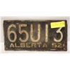 Image 1 : 1952 ALBERTA LICENCE PLATE