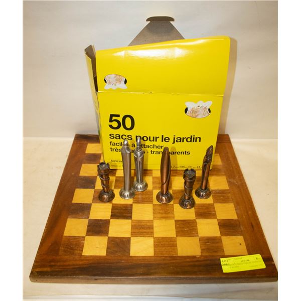 ORNATE BRASS FIGURE CHESS SET W BOARD