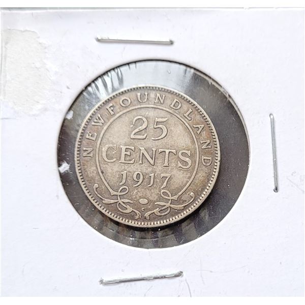 24)  NEWFOUNDLAND 1917 25 CENT 92.5% SILVER COIN.