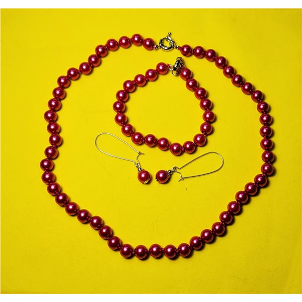10) RED/PINK SHELL PEARL 8" BRACELET, DROP EARRIN