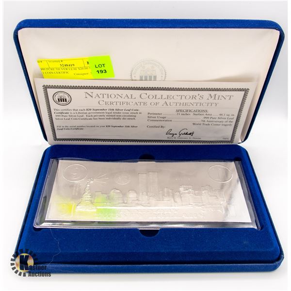 .999 PURE SILVER LEAF $20.00 SEPT 11 COIN CERTIFIC