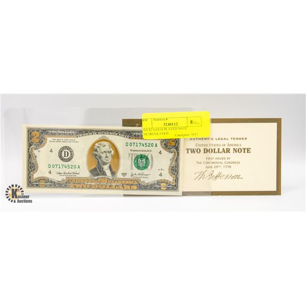USA $2 GOLD PLATED NOTE UNCIRCULATED