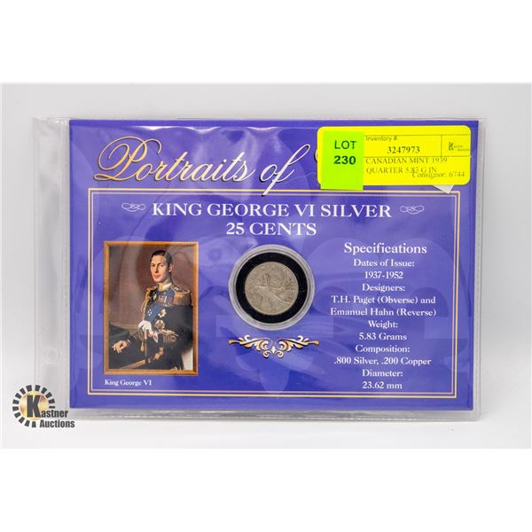 ROYAL CANADIAN MINT 1939 SILVER QUARTER 5.83 G IN