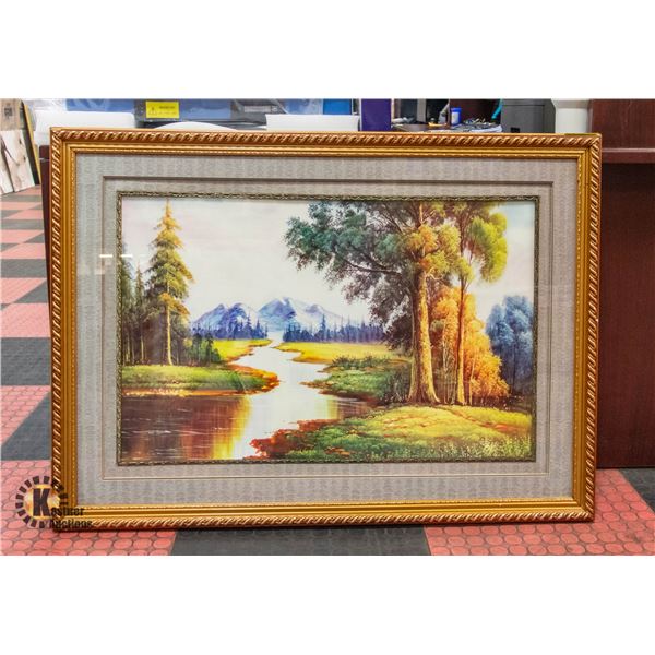 MOUNTAIN SCENE AND RIVER MATTED & FRAMED ART