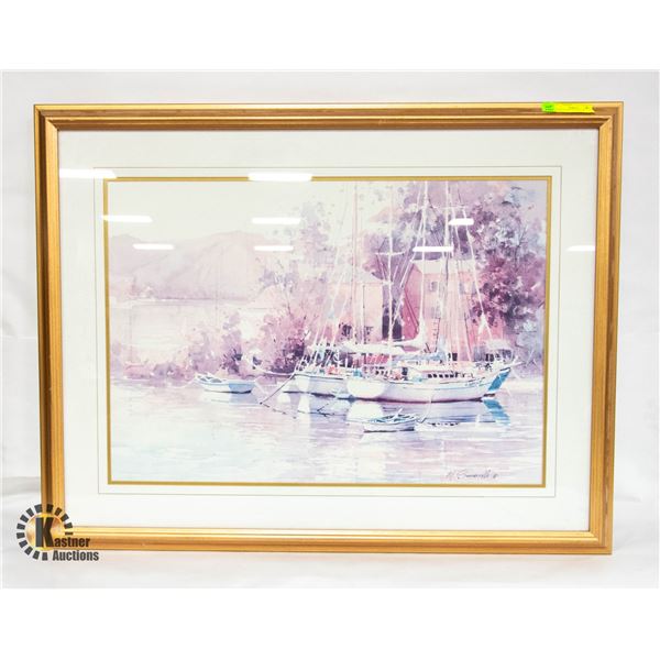 LARGE FRAMED PICTURE OF BOATS/LAKE