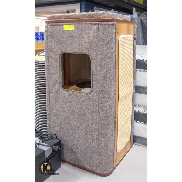GREY FABRIC/TEAK WOOD CAT CONDO/SCRATCHING