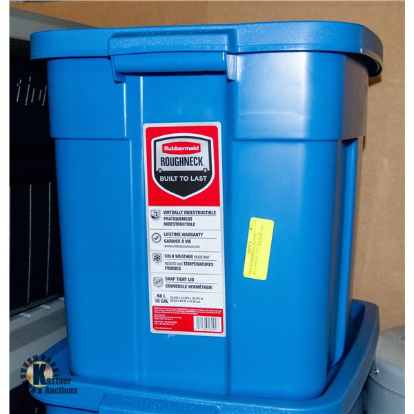 NEW RUBBERMAID 68 LITRE ROUGHNECK TOTE WITH LID
