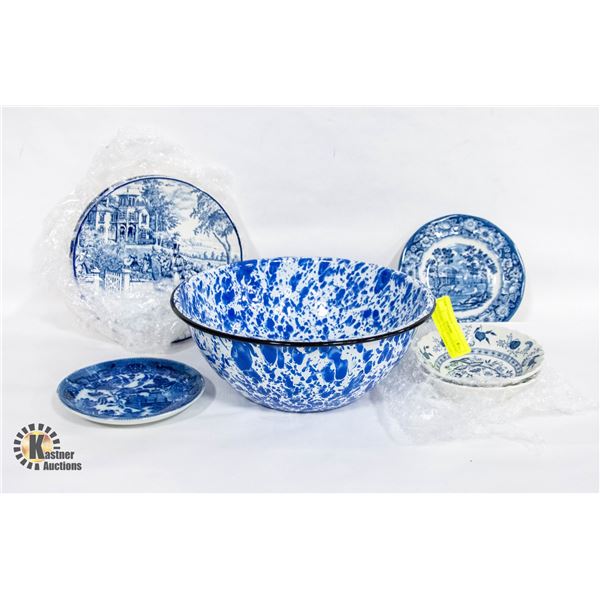 OLD ENAMEL BLUE SPECKLE BOWL & PORCELAIN BLUE