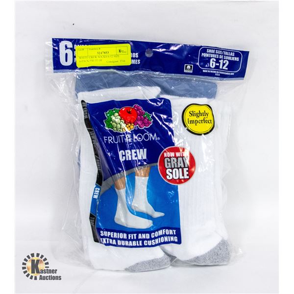 WHITE CREW SOCKS 6-12 SIZE 6-PACK FRUIT OF