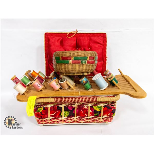 VINTAGE THREAD SPOOL & SEWING BASKET WITH