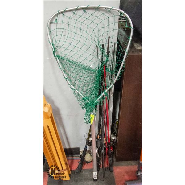 LOT OF FISHING RODS, REELS, & NETS