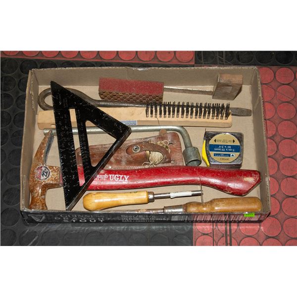 FLAT OF ASSORTED MISC TOOLS ACCESSORIES ETC