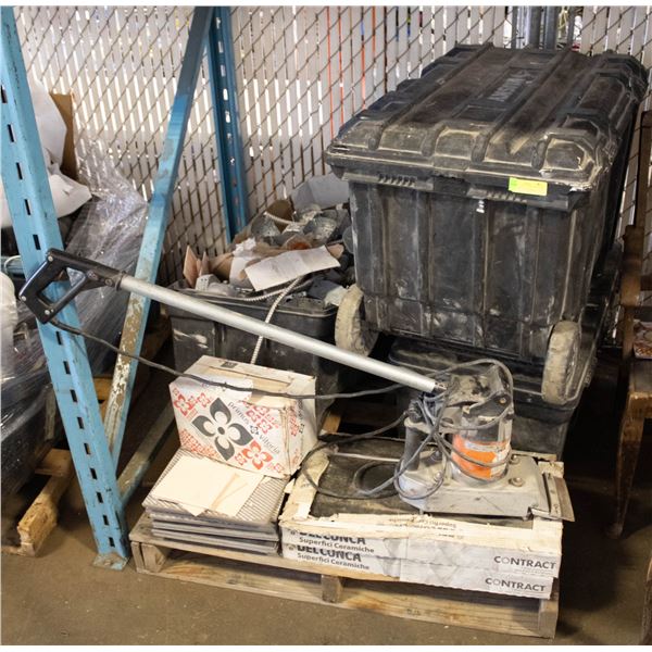 PALLET OF TILE, HUSKY PACKOUTS, ELECTRICAL HOUSING