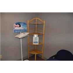 HARDWOOD CORNER BOOKCASE AND CHIROFLOW PILLOW DISPLAY