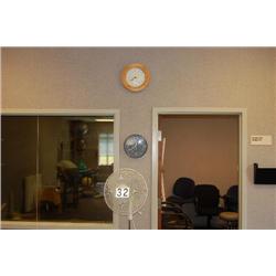LOT CONSISTING OF FAN, WALL CLOCKS, COAT RACK, WALL CABINET, BULLETIN BOARD, BROCHURE RACK