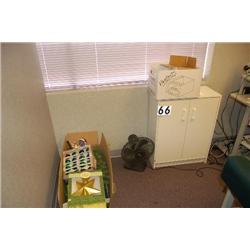 LOT CONSISTING OF CONTENTS OF CABINETS, FAN, CHRISTMAS AND DECORATIONS