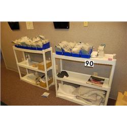 LOT CONSISTING OF REMAINING CONTENTS LINENS, GOWNS, FOAM PADS, 2 PLASTIC SHELVES, RACKS ON WALL, CLO
