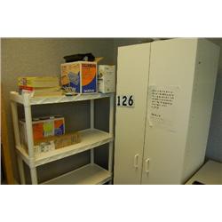 LOCKER CABINET, PLASTIC SHELF AND CONTENTS
