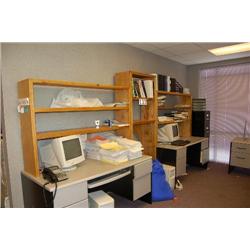 LOT CONSISTING OF 2 DESK, SHELF UNIT AND CONTENTS